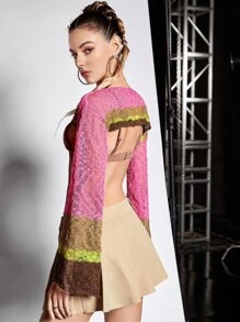SHEIN ICON Jersey crop de color combinado de manga con volante sin sujetador - Multicolor - Ver 2