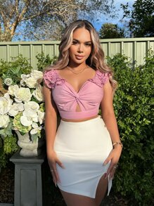 SHEIN SXY Lace Ruffle Detail Twist Front Cut Out Crop Top - Dusty Pink - View 1