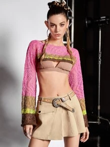 SHEIN ICON Jersey crop de color combinado de manga con volante sin sujetador - Multicolor - Ver 8