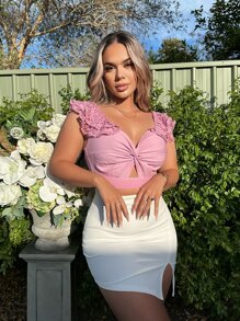 SHEIN SXY Lace Ruffle Detail Twist Front Cut Out Crop Top - Dusty Pink - View 3