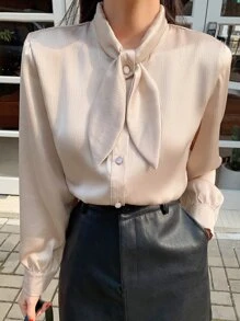 DAZY Camisa de cuello con cordón con botón delantero - Albaricoque - Ver 7