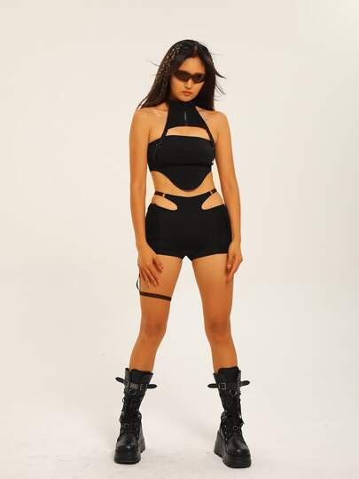 Cut Out Waist Garter Shorts