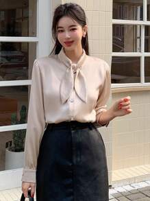 DAZY Camisa de cuello con cordón con botón delantero - Albaricoque - Ver 3