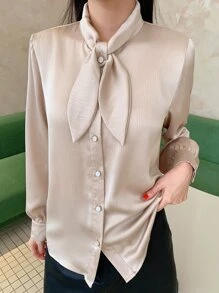 DAZY Camisa de cuello con cordón con botón delantero - Albaricoque - Ver 4