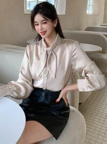 DAZY Camisa de cuello con cordón con botón delantero - Albaricoque - Ver 5