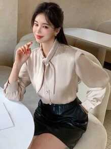 DAZY Camisa de cuello con cordón con botón delantero - Albaricoque - Ver 6