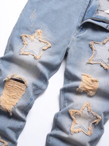 男士星星图案破洞直筒牛仔裤 - 淺色水洗藍 - 查看 5