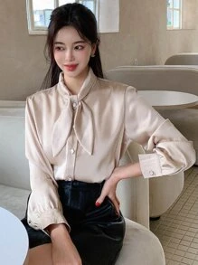 DAZY Camisa de cuello con cordón con botón delantero - Albaricoque - Ver 1