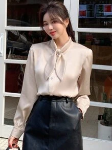 DAZY Camisa de cuello con cordón con botón delantero - Albaricoque - Ver 8