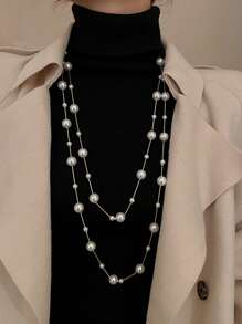 人造珍珠裝飾項鍊 - 金黃色 - 查看 1