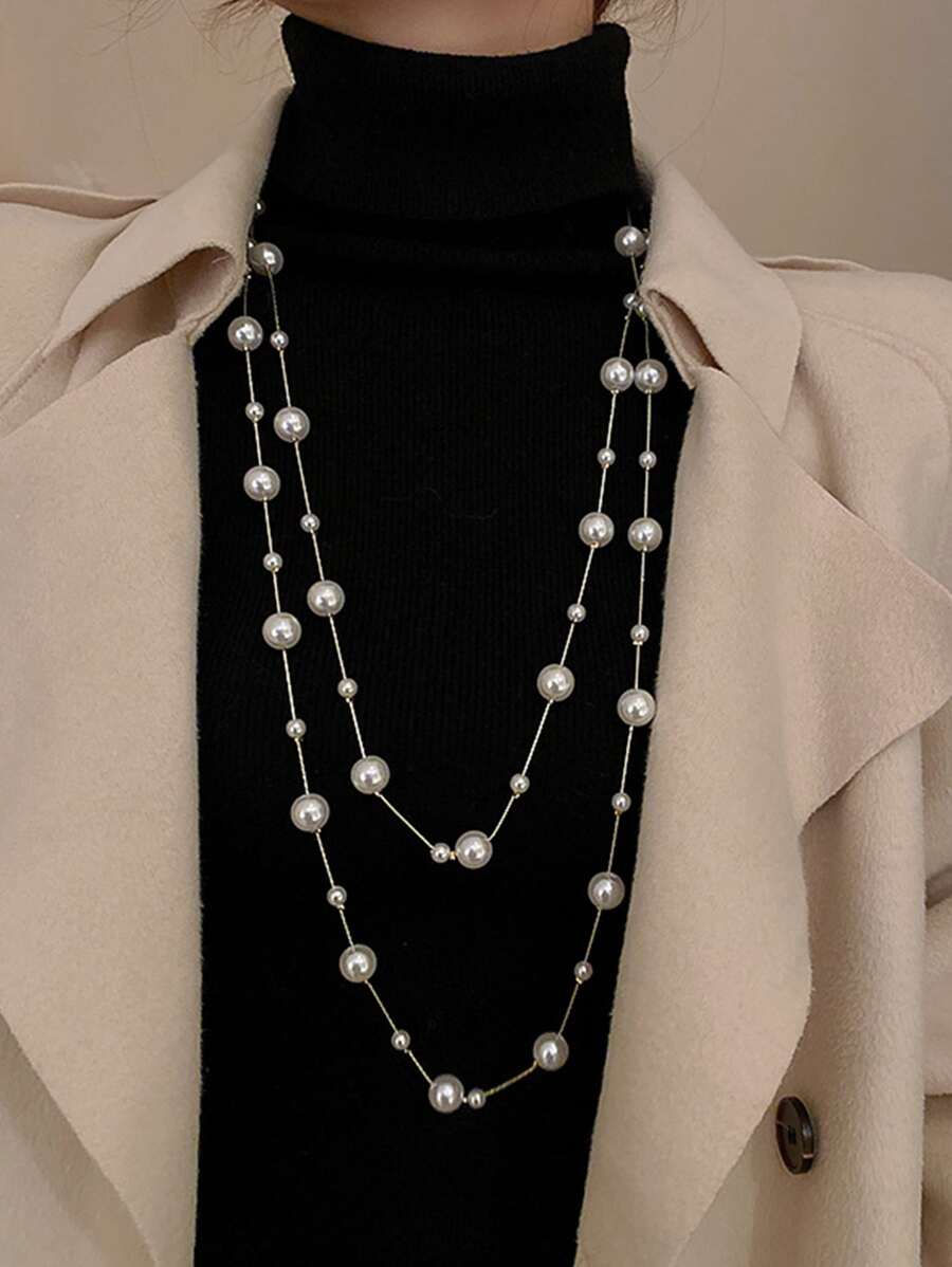 人造珍珠裝飾項鍊 - 金黃色 - 查看 1