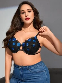 Sujetador con bordado floral de malla con aro - Negro - Ver 3