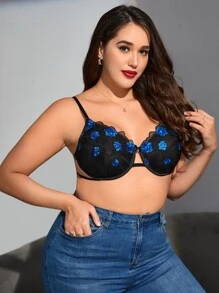 Sujetador con bordado floral de malla con aro - Negro - Ver 4