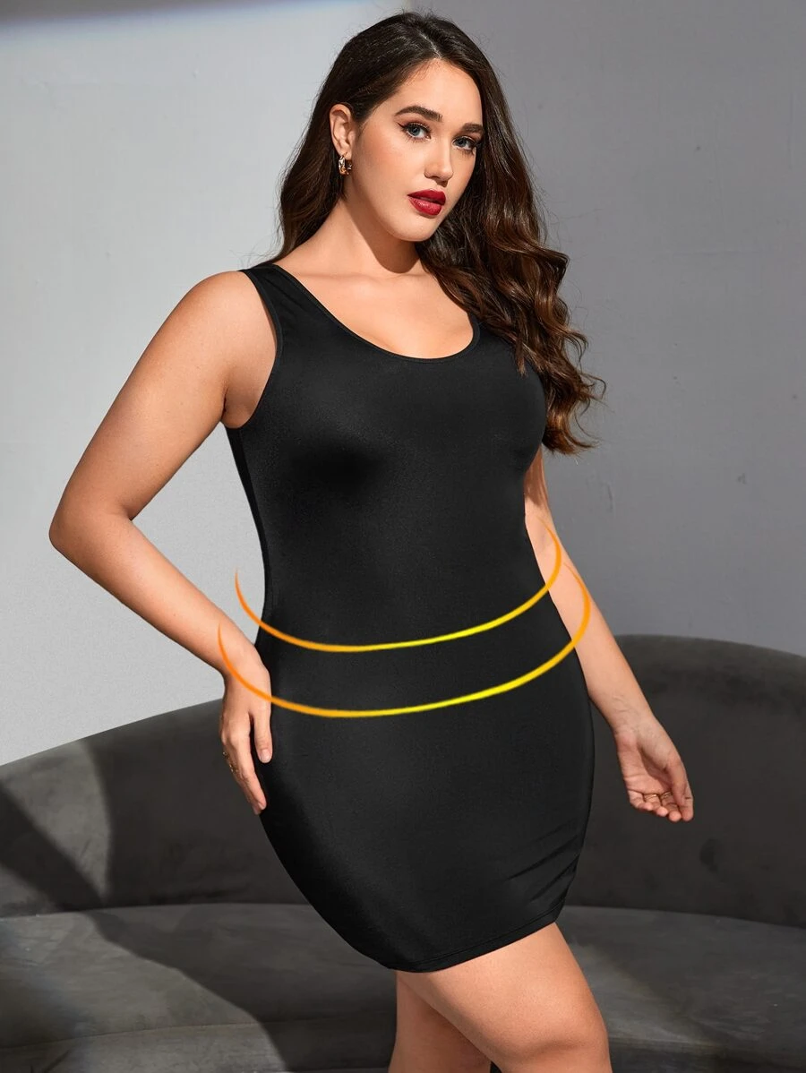 Plus Solid Shapewear Dress - Black - View 1