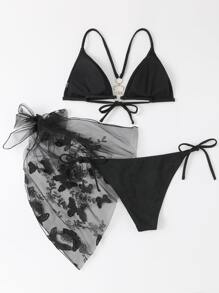纹理比基尼套装环链吊带三角胸罩和系带侧底和蝴蝶贴花沙滩裙 3 件比基尼夏季海滩 - 黑色 - 查看 3