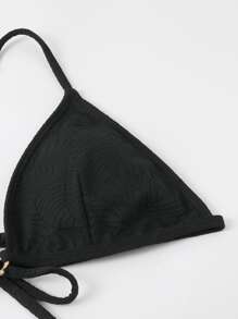 纹理比基尼套装环链吊带三角胸罩和系带侧底和蝴蝶贴花沙滩裙 3 件比基尼夏季海滩 - 黑色 - 查看 4