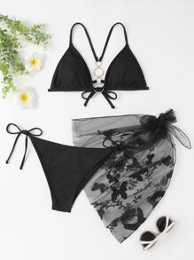 纹理比基尼套装环链吊带三角胸罩和系带侧底和蝴蝶贴花沙滩裙 3 件比基尼夏季海滩 - 黑色 - 查看 6