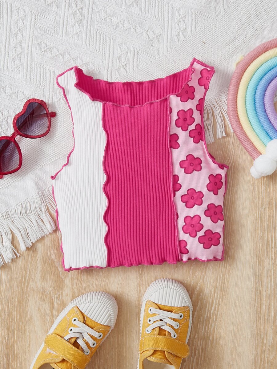 SHEIN Leap Crew 少女花卉印花彩色拼接莴苣邊細肩背心 - 玫紅色 - 查看 1