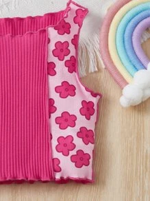 SHEIN Leap Crew 少女花卉印花彩色拼接莴苣邊細肩背心 - 玫紅色 - 查看 3