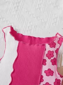 SHEIN Leap Crew 少女花卉印花彩色拼接莴苣邊細肩背心 - 玫紅色 - 查看 4