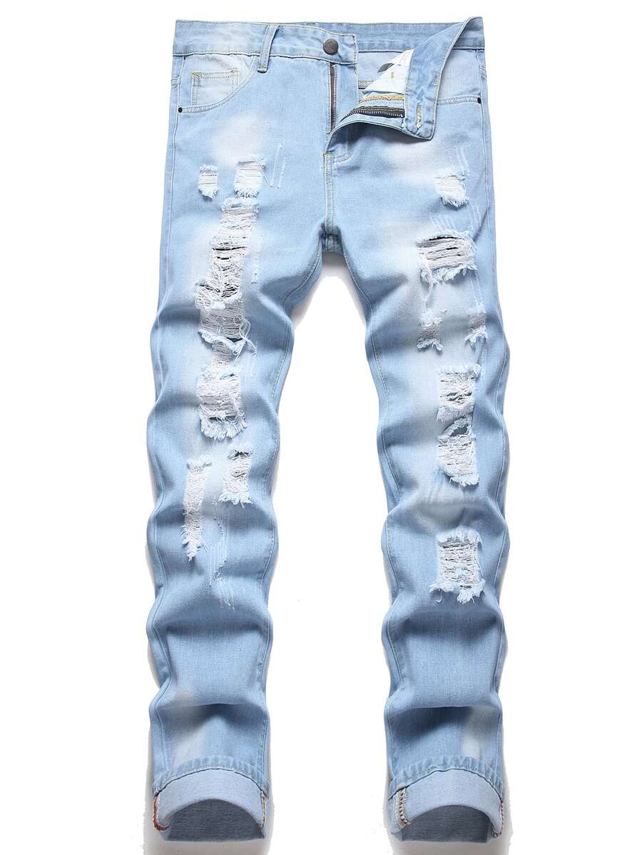 Men Ripped Frayed Bleach Wash Jeans - Light Wash - View 1