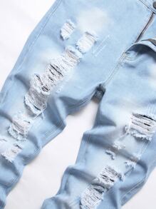 Men Ripped Frayed Bleach Wash Jeans - Light Wash - View 6