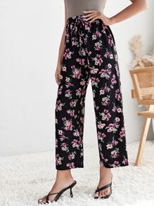 SHEIN VCAY Pantalones de pierna ancha con estampado floral con cordón delantero - Multicolor - Ver 3