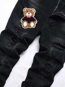 Quần Jeans Ống Đứng Ôm Rách Có Miếng Dán Chữ Và Gấu Cho Nam - màu đen - Xem 5