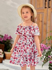 SHEIN Toddler Girls 1pc Allover Floral Print Cold Shoulder Ruffle Hem Dress - Multicolor - View 1