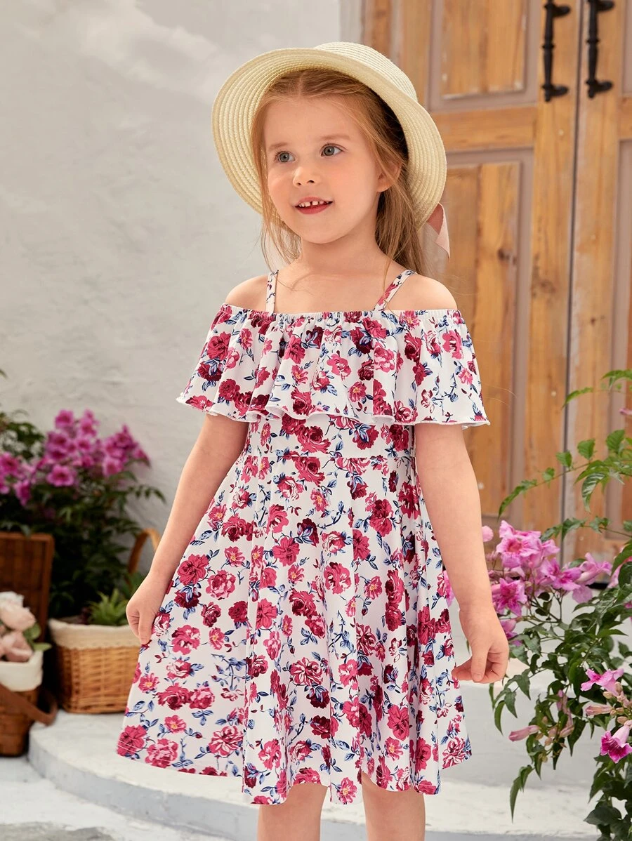 SHEIN Toddler Girls 1pc Allover Floral Print Cold Shoulder Ruffle Hem Dress - Multicolor - View 1