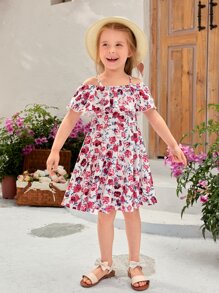 SHEIN Toddler Girls 1pc Allover Floral Print Cold Shoulder Ruffle Hem Dress - Multicolor - View 3