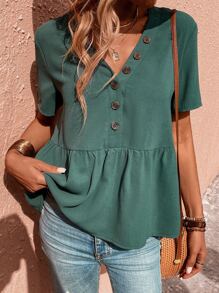 SHEIN LUNE Camisa babydoll unicolor con botón delantero - Verde Oscuro - Ver 3