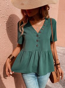 SHEIN LUNE Camisa babydoll unicolor con botón delantero - Verde Oscuro - Ver 5