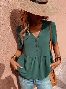 SHEIN LUNE Camisa babydoll unicolor con botón delantero - Verde Oscuro - Ver 6