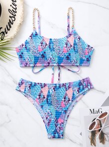SHEIN Swim 全印花露脊夏日沙灘比基尼套裝 - 彩色 - 查看 5