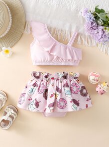 嬰兒不對稱領荷葉邊上衣和卡通圖案前蝴蝶結半身裙 - 淺粉色 - 查看 2