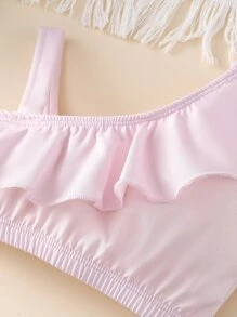 嬰兒不對稱領荷葉邊上衣和卡通圖案前蝴蝶結半身裙 - 淺粉色 - 查看 3