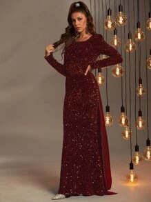 Faeriesty Sequin Decor Mermaid Hem Formal Dress - Burgundy - View 4