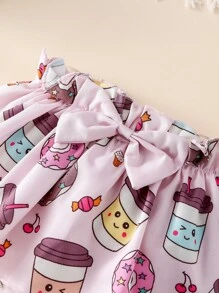 嬰兒不對稱領荷葉邊上衣和卡通圖案前蝴蝶結半身裙 - 淺粉色 - 查看 4