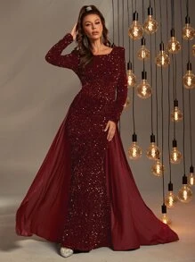Faeriesty Sequin Decor Mermaid Hem Formal Dress - Burgundy - View 1