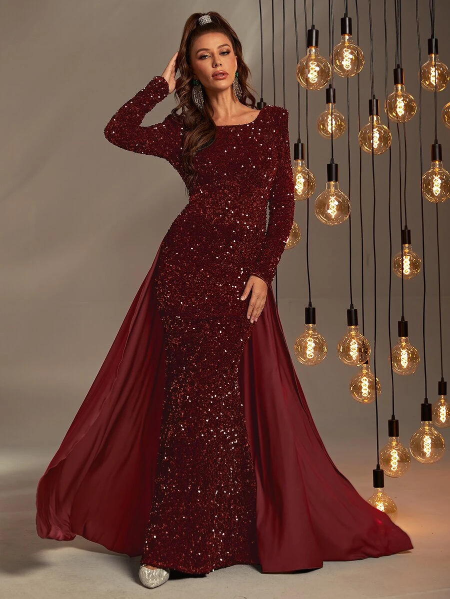 Faeriesty Sequin Decor Mermaid Hem Formal Dress - Burgundy - View 1