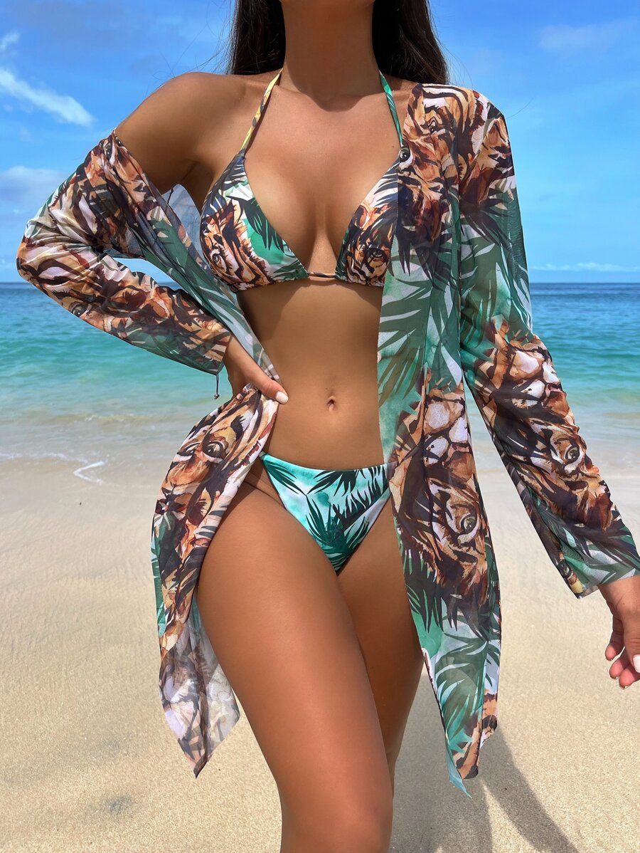 3pcs Leopard Print Halter Triangle Summer Beach Bikini Set With Kimono - Multicolor - View 1