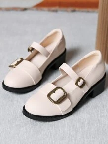 Buckle Decor Chunky Heeled Mary Jane Pumps - Beige - View 1