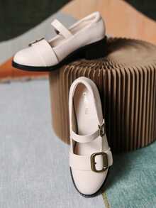 Buckle Decor Chunky Heeled Mary Jane Pumps - Beige - View 4