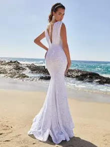 Plunge Neck Ruched Shoulder Mermaid Hem Sequin Formal Dress - White - View 3