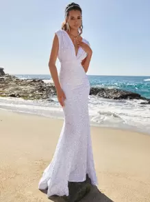 Plunge Neck Ruched Shoulder Mermaid Hem Sequin Formal Dress - White - View 5