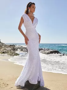 Plunge Neck Ruched Shoulder Mermaid Hem Sequin Formal Dress - White - View 7