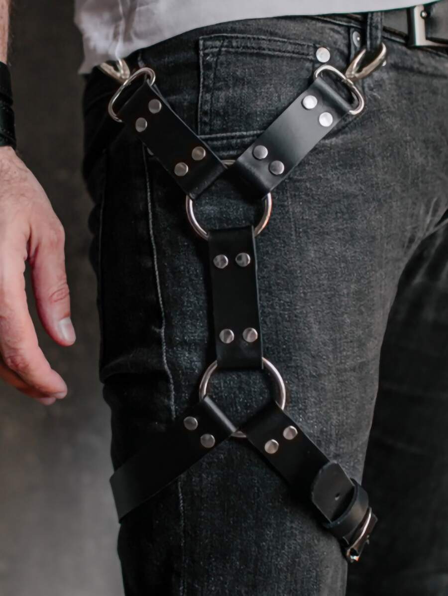 Vòng chữ O nam & Thắt lưng Garter trang trí đính đá - màu đen - Xem 1