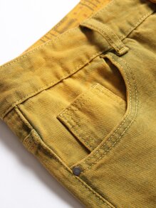 男士心形与字母拼布破洞磨边碎布缝线破洞磨边牛仔裤 - 芥末黃 - 查看 4