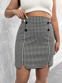 Calvaya Plus Houndstooth Print Split Hem Skirt - Black and White - View 4